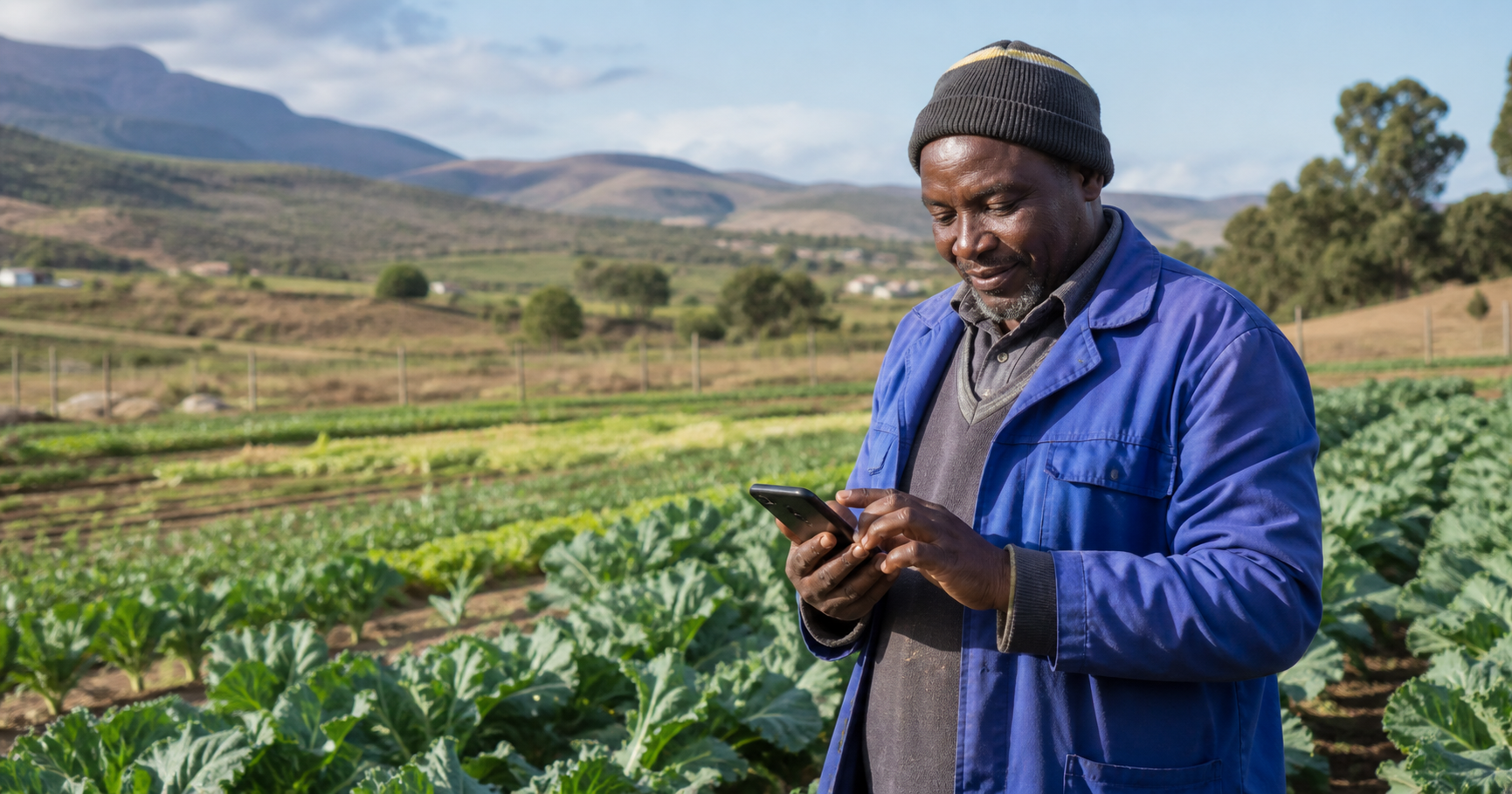 Farmer using a smartphone while observing crops