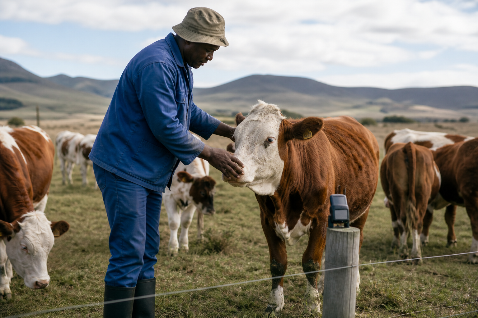 Farmer observing livestock in an open field